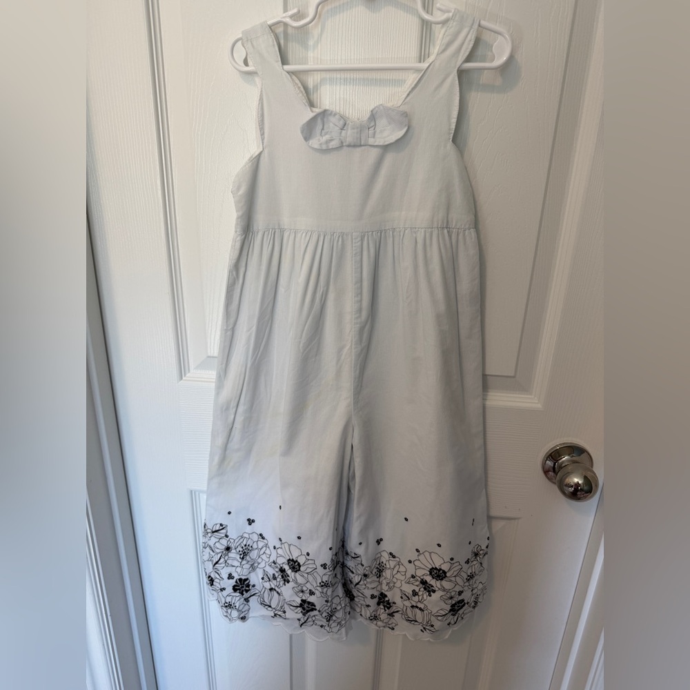 Janie and Jack Light Blue Striped Summer Jumpsuit with Black Floral Hem